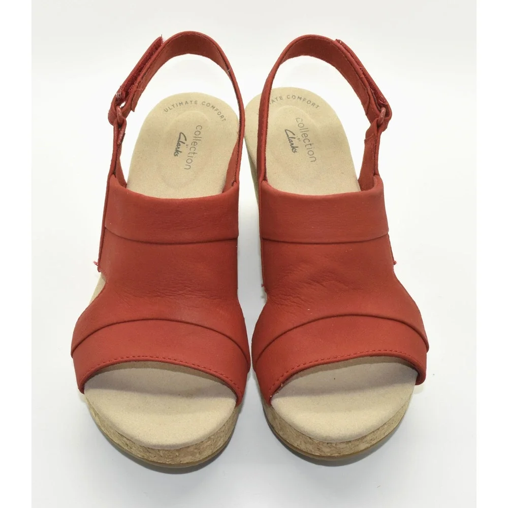A6 NWOB CLARKS Annadel Red Nubuck Cork Platform Wedge Slingback Sandals Size 8 W